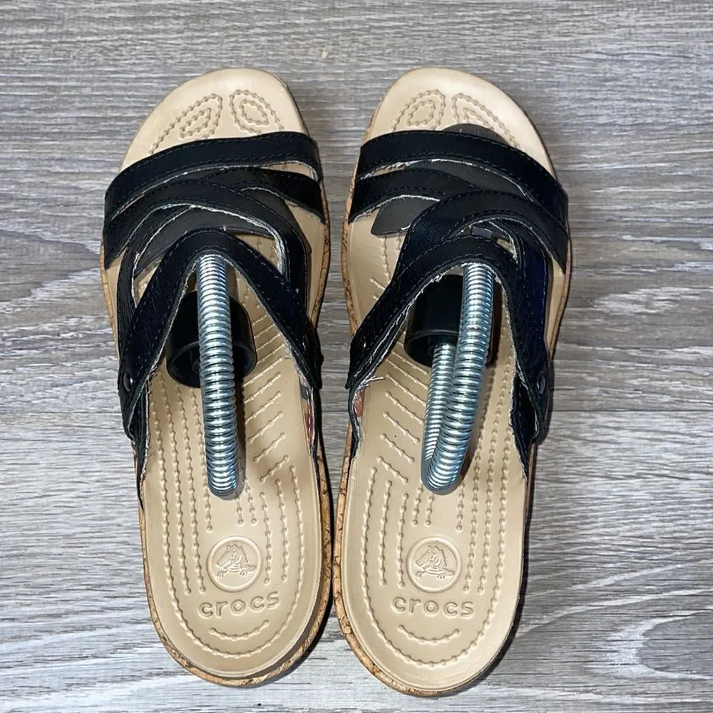 Crocs A-Leigh Cork Wedge Black Leather Strappy Women’s Size 9 Slip On Sandals
